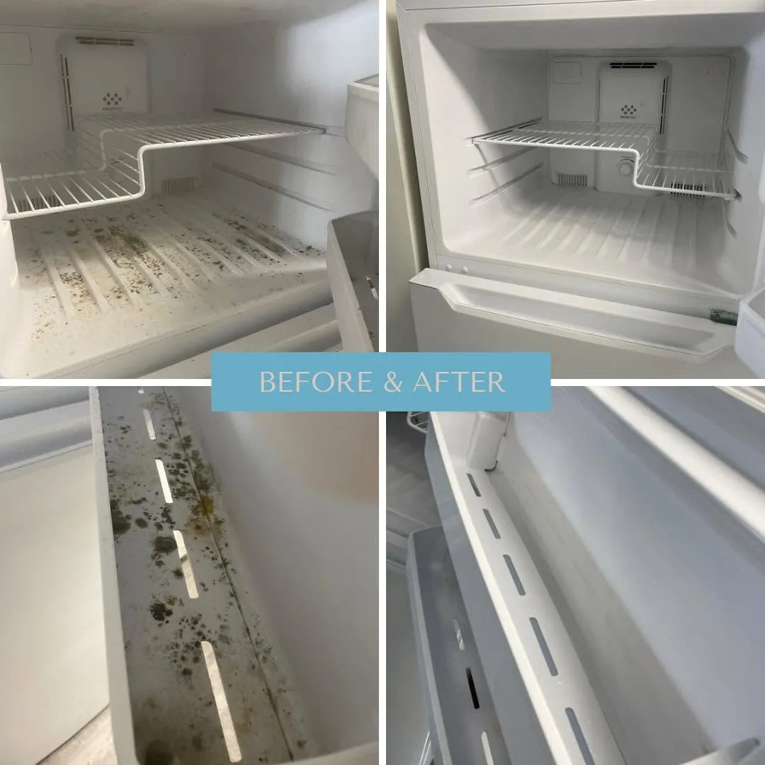 Dream Clean’s before-and-after comparison showing refrigerator shelves and drawers cleaned of residue