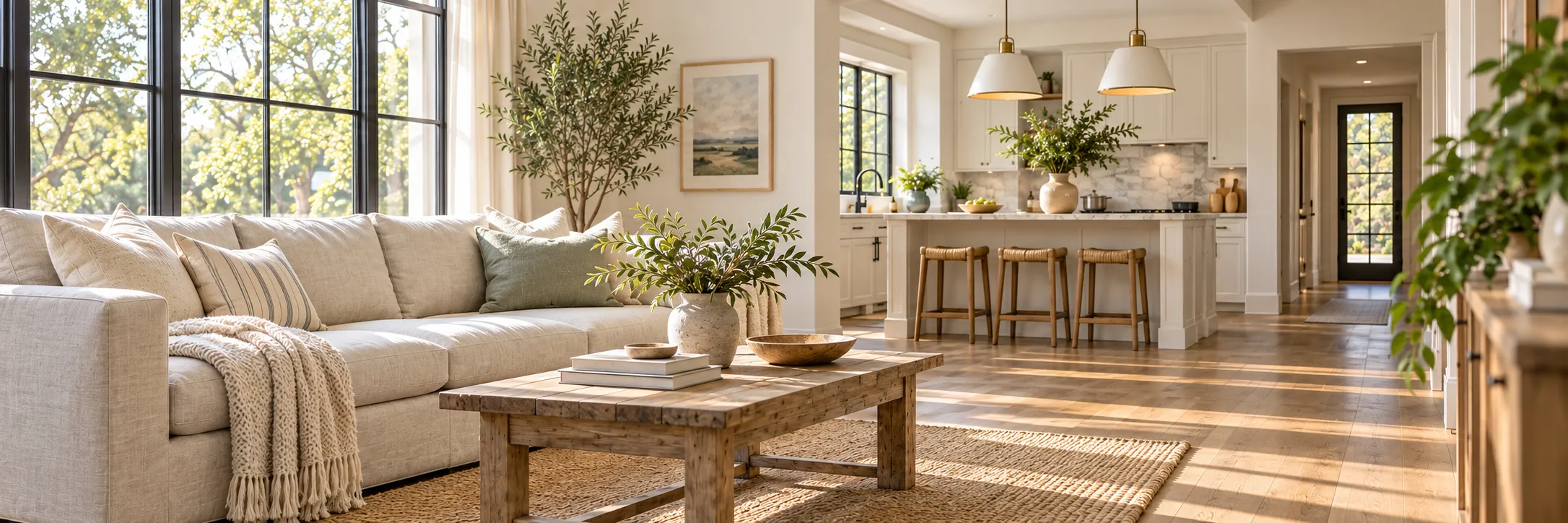 Illustrative view of a bright, tranquil living room and sunlit kitchen